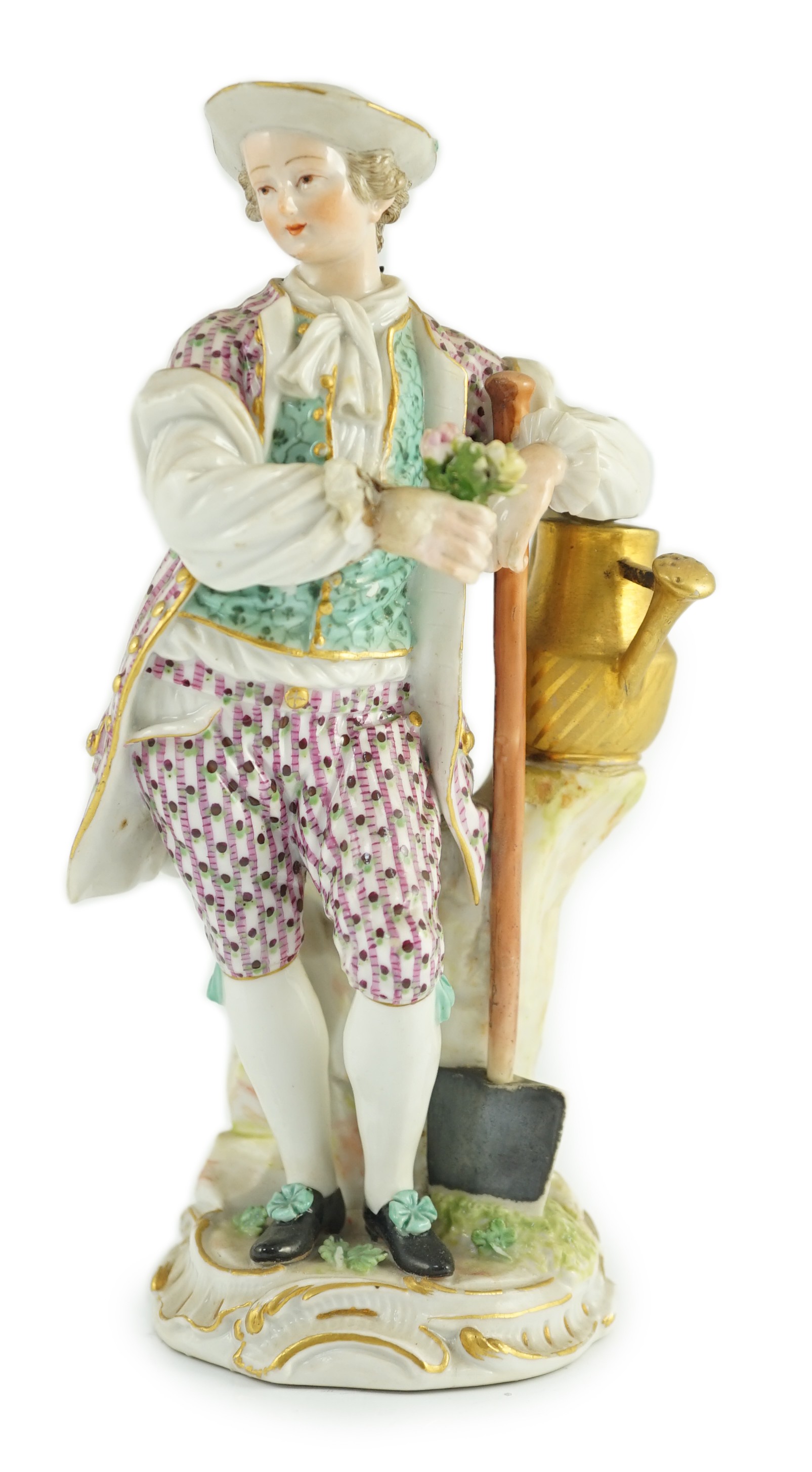 A Meissen figure of a gardener, c.1770, modelled by Michel Victor Acier, 19cm high, restorations, Provenance - purchased from Winifred Williams, Eastbourne/London before 1970.